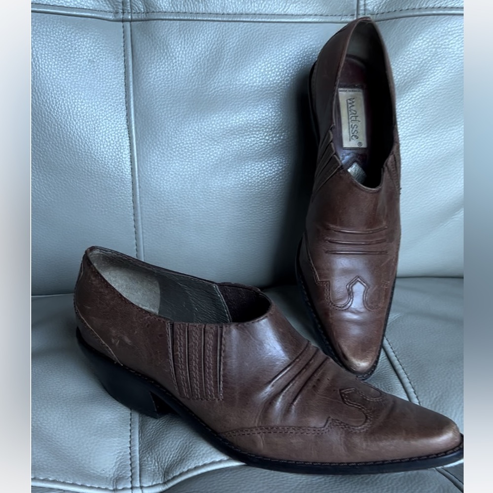 MATISSE Leather Booties Western Pointed Toe Slip On Shoes Mules Cowgirl Brown
